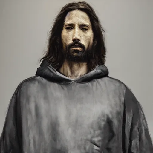 Image similar to a portrait of modern day jesus wearing hypebeast streetwear hoodie and pants by nicola samori, oil painting, realistic, 8 k, fear of god style