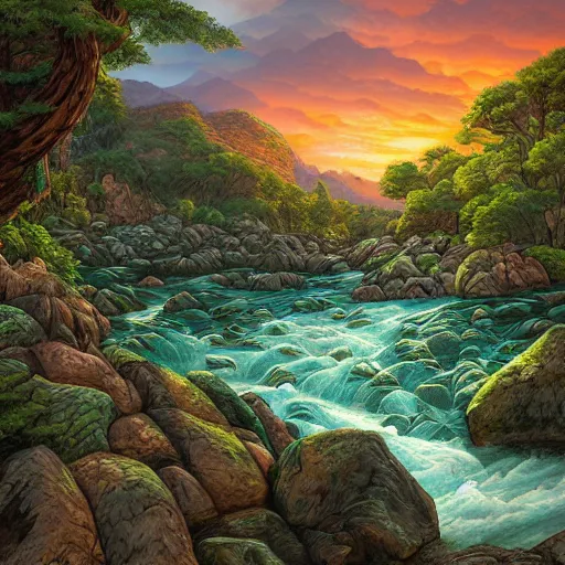 Image similar to avila mountains river, granite rocks, green, cascade, a detailed matte painting by dan mumford, deviantart contest winner, maximalism, 2 d game art, detailed painting, physically based rendering