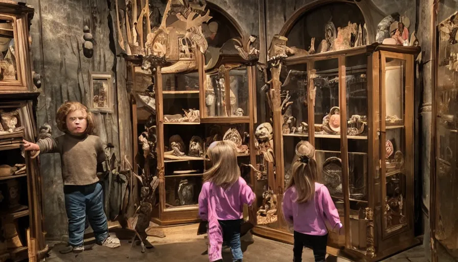Prompt: three children playing in a giant cabinet of occult objects, museum, dark, realistic, intimidating