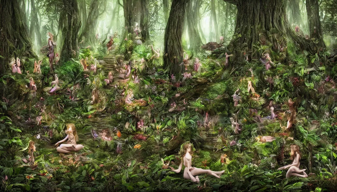 Image similar to sanctuary in the forest, there are fae playing amongst the trees, beautiful, surreal, highly detailed