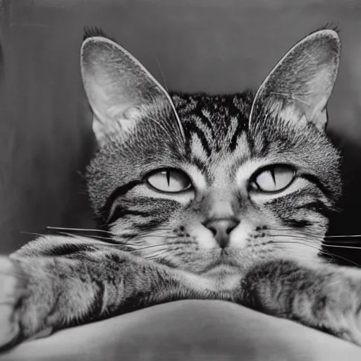 Prompt: A portrait of a tabby cat as a young man, by Cecil Beaton, silver gelatin print,