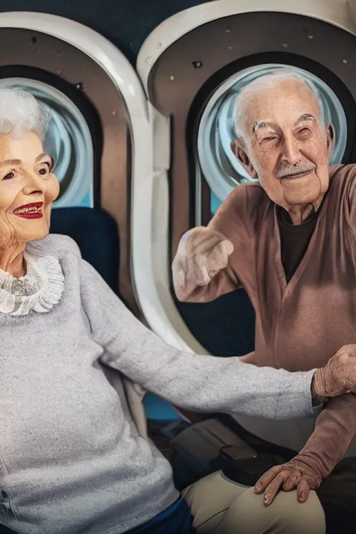 Prompt: photo of glamorous elderly couple in a spaceship with a window looking out to orbit