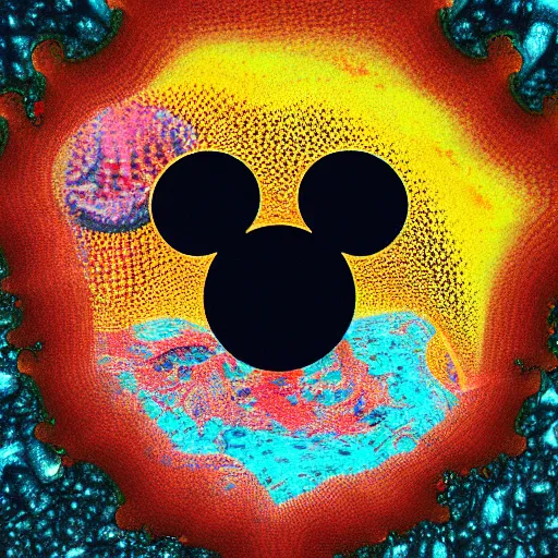 Image similar to mickey mouse head, distorted, vhs glitch, varied textures, wet, mycelium, scaly, broken, melting fractal