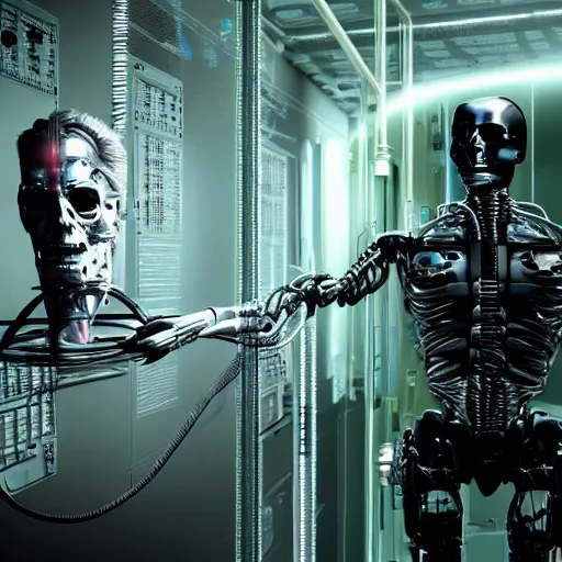 Image similar to photorealistic torso of a terminator with borg implants and a human face is hanging from cables and wires off the ceiling of an futuristic abandoned computer room and plugged into a quantum computer that's visible in the background. bottom half of the terminator's body is missing with cables sticking out. The Terminator is taking a sip from a cup of coffee. Tiny green led lights in the terminator's cybernetics. very detailed 8k. Cyberpunk horror style.