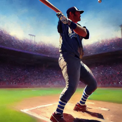 Image similar to baseball player hitting the ball with the baseball bat in the middle of the game and in front of everyone in the stadium, james gurney painting style, greg rutkowski, artstation