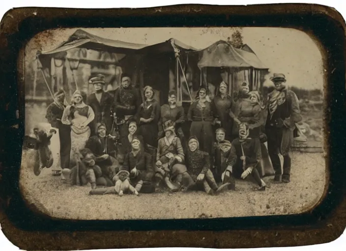 Image similar to a tintype photograph. photo of a group of people in front of the circus of watches, horror a family of monsters