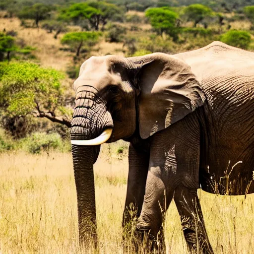 Image similar to film still, extreme wide shot of an tribal african man riding an elephant alone on the savannah, extreme long shot, 4 k, award winning