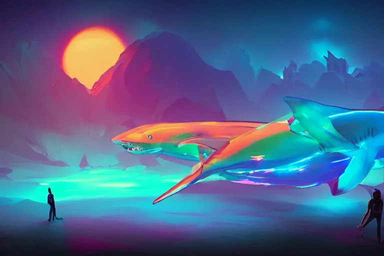 Image similar to a holographic projection of a huge colorful transparent shark appears in the desert at night, a man is stunned, by anton fadeev and jame paick, highly - detailed, fantasy