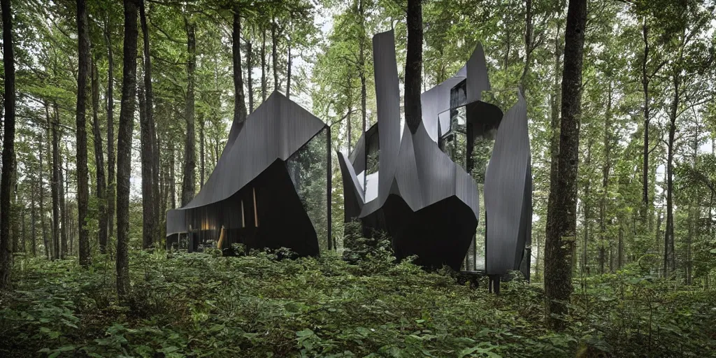 Image similar to wooden cabin designed by zaha hadid in an ominous forest, architectural photography