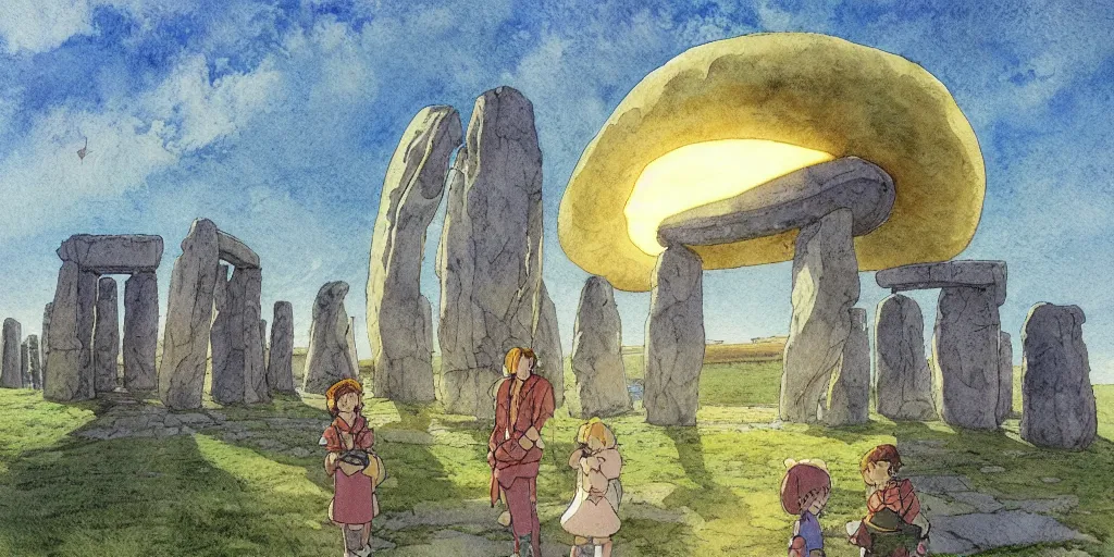 Image similar to a hyperrealist studio ghibli watercolor fantasy concept art of a giant alien and a small grey alien with a yellow robe in stonehenge in the early morning. a giant gold ufo is floating in the air. by rebecca guay, michael kaluta, charles vess