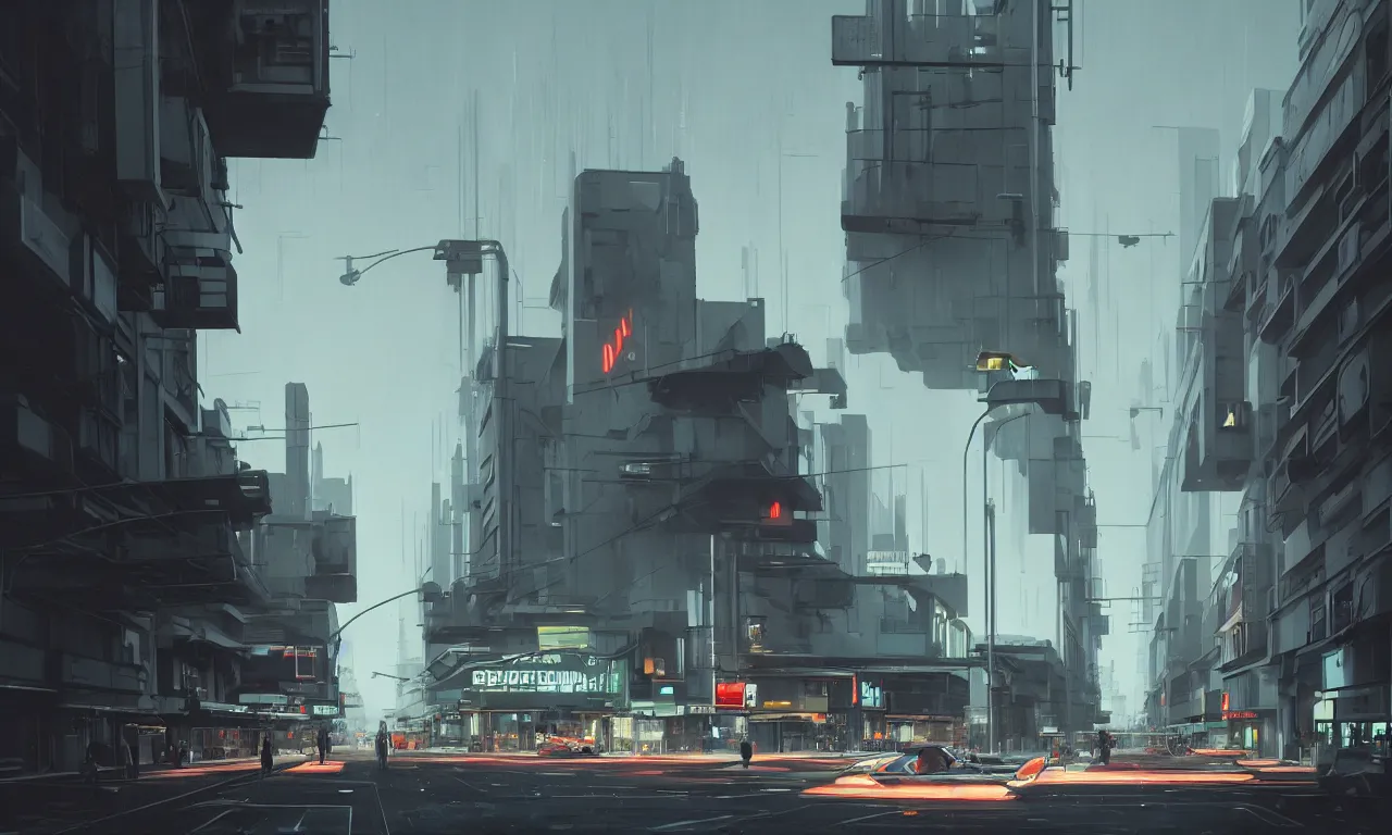 Prompt: photorealistic streetscape, simple brutalist architecture, white neon lights, neon signs, flying vehicles, pedestrians, greg rutkowski, syd mead, ralph mcquarrie, concept art, matte painting, finely detailed, minimal artifacts, rule of thirds, dynamic lighting, cinematic, denoised, centered, artstation