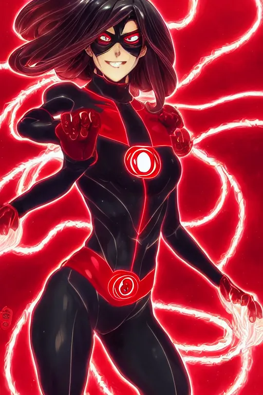 Image similar to anime key visual of a beautiful female red lantern!! intricate, red and black suit, glowing, powers, rage, anger, hate, dc comics, cinematic, stunning, highly detailed, digital painting, artstation, smooth, hard focus, illustration, art by artgerm and greg rutkowski and alphonse mucha