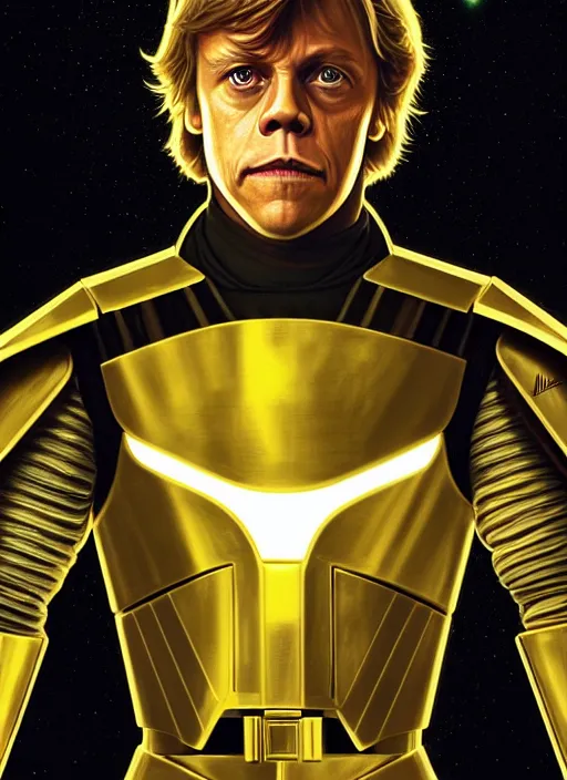 Image similar to symmetry!! portrait of young mark hamill, luke skywalker gold sci - fi armour, tech wear, glowing lights!! sci - fi, intricate, elegant, highly detailed, digital painting, artstation, concept art, smooth, sharp focus, illustration, art by artgerm and greg rutkowski and alphonse mucha