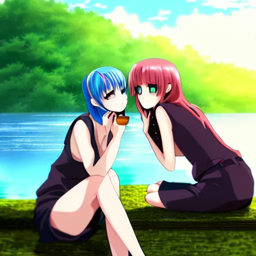 Image similar to two beautiful lesbian girls in love, smoking from a weed bong, sitting in front of a lake, in the style of anime, close - up, highly detailed face, 4 k, artstation, intricate, elegant, highly detailed, lush, stylized, japanese, smooth