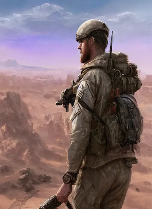 Image similar to purple scene lighting, detailed character portrait!!! concept art, older ryan gosling as a soldier with beard, short hair, in a soldier uniform, desert background, city skyline, sharp focus, illustration, highly detailed, digital painting, concept art, matte, art by wlop and artgerm and greg rutkowski, masterpiece