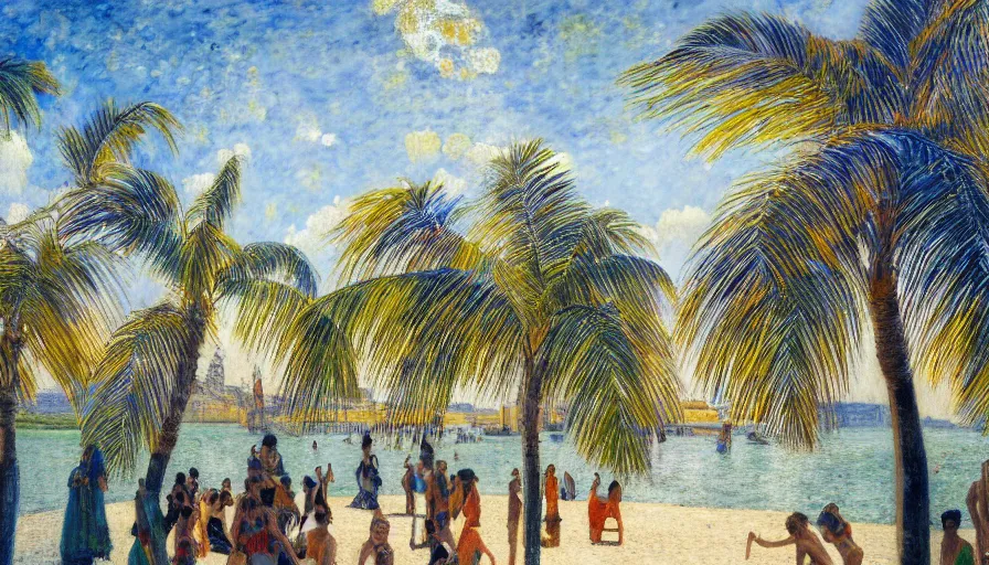 Image similar to a ultradetailed beautiful painting of the amazonas palace balustrade designed by jules bastien - lepage, tarsila do amaral, frank weston and gustave baumann, beach, trending on artstation, mediterranean, palm trees, sharp focus, colorful refracted sparkles and lines, soft light, 8 k 4 k