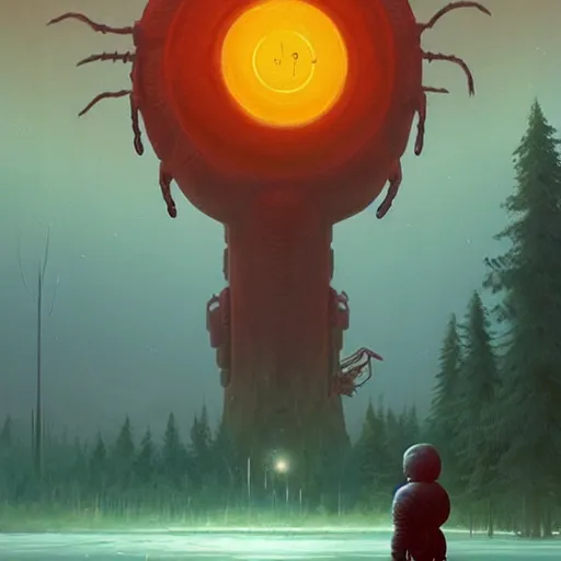 Image similar to giant creature lurking over a cowering smaller creature, in the foreground a small town, epic science fiction horror by Simon Stalenhag and Mark Brooks, extremely detailed