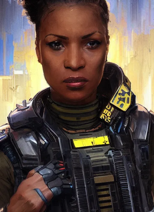 Image similar to Sgt. Maria igwe. Strong cyberpunk female USN marine wearing a military vest and powerful military cyberpunk exo-suit (cyberpunk 2077, bladerunner 2049). gorgeous face. Iranian orientalist portrait by john william waterhouse and Edwin Longsden Long and Theodore Ralli and Nasreddine Dinet, oil on canvas. Cinematic, hyper realism, realistic proportions, dramatic lighting, high detail 4k
