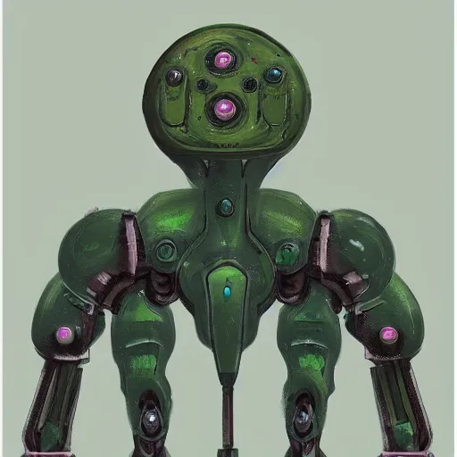 Prompt: a sci-fi robot overgrown by alien fungus and mushrooms character design concept art