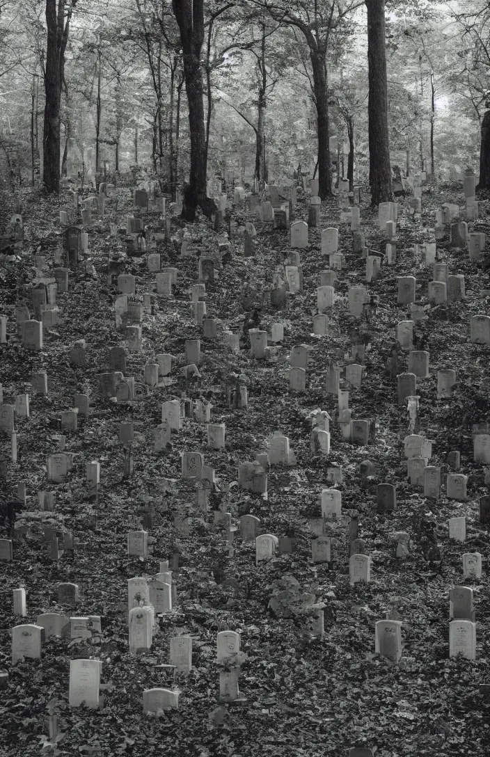 Prompt: A scene of a forested cemetery from a Tim Burton and Wes Anderson movie, style of pinhole photography