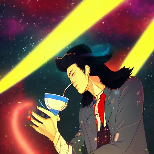 Image similar to A man drinking a cup of cosmic energy bright light by Masafumi Harada, 4k, digital art, surreal, anime style, space dandy style, highly detailed, godsend, artstation