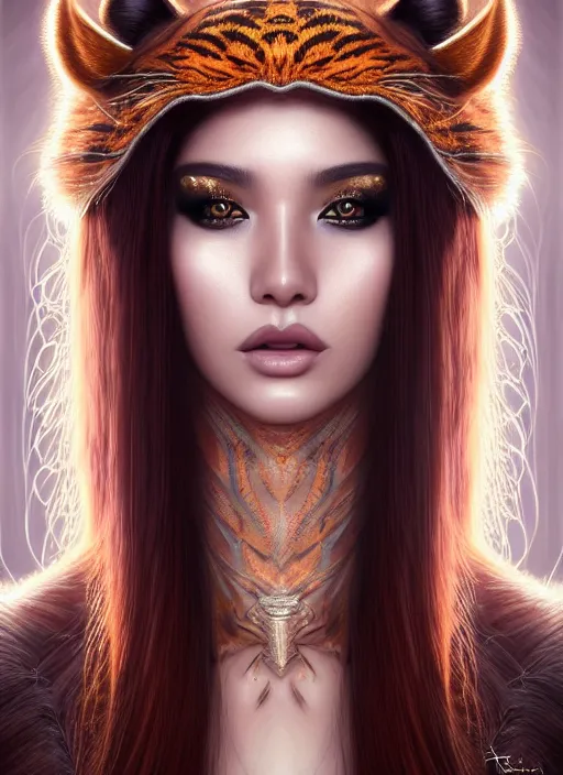 Prompt: portrait of tiger queen, intricate, sharp focus, octane render, realistic, detailed, beautiful, unreal engine, symmetrical!!, loreal, maybelline, sephora, loreal, artstation, art by artgerm, rossdraws, art by karol bak, makeup by pat mcgrath, cinematic, concept art, filmic, vsco