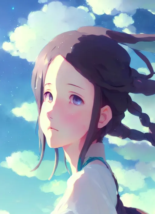 Image similar to portrait of cute girl, cloudy sky background lush landscape illustration concept art anime key visual trending pixiv fanbox by wlop and greg rutkowski and makoto shinkai and studio ghibli