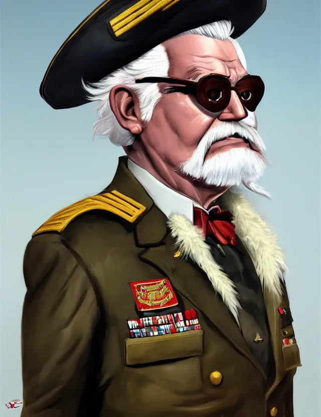 Image similar to a portrait of colonel sanders wearing a military uniform and an eyepatch, by moebius and tyler edlin and hr giger, trending on artstation, digital art, 4 k resolution, detailed, high quality, sharp focus, hq artwork, coherent, insane detail, concept art