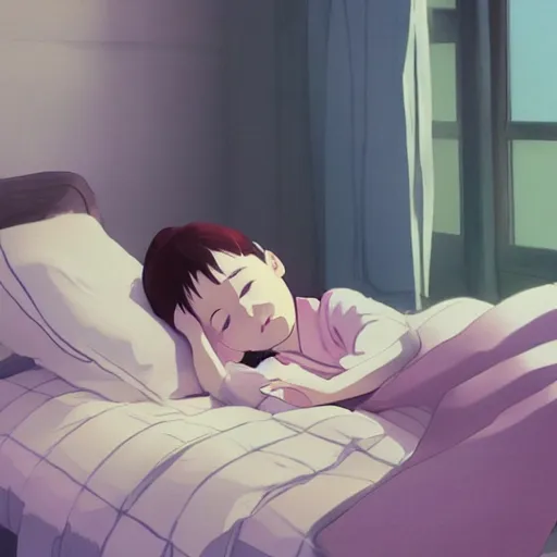 Image similar to little girl in pajama sleeping. digital artwork by makoto shinkai, inspired by pixar movies and balthus, highly detailed, realistic