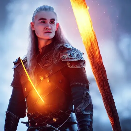 Prompt: Legolas wearing viking armour holding a glowing fire magical staff. Trending on Artstation, octane render, ultra detailed, art by Ross tran