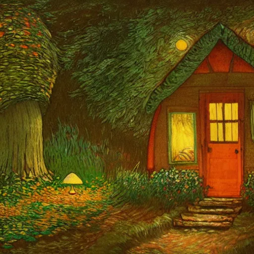 Image similar to mysterious detailed painting of a cozy woodland cottage in the woods at night, surrounded by giant glowing mushrooms, in the style of studio ghibli and moebius and claude monet and edward hopper and vincent van gogh