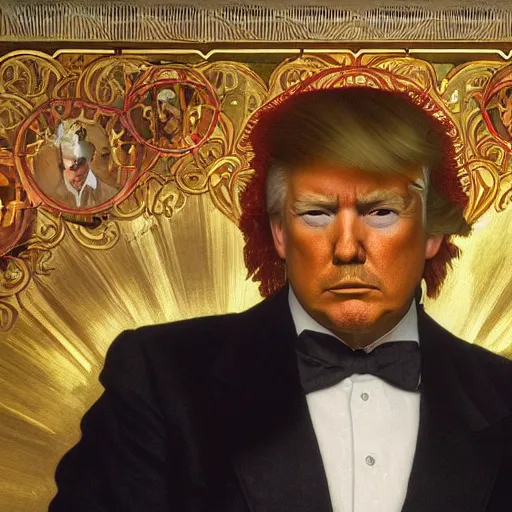 Image similar to a detailed matte portrait of donald trump as santa ana at the alamo, long twirling moustache, by alphonse mucha and albert bierstadt and thomas moran and charles russel, god rays, intricate detail, cinematic, 8 k, featured on artstation, pixiv