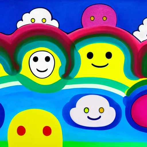 Image similar to clouds with rainbow colors, smiley faces, Edvard Munch, David Hockney, Takashi Murakami, Minimalist,