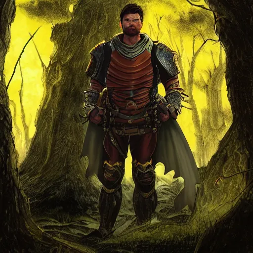 Prompt: A fantasy comic book style portrait painting by Junji Ito and Greg rutkowski of Karl Urban as a Paladin in a stunning ruin setting surrounded by yellow spring forest, unreal 5, DAZ, hyperrealistic, octane render, dungeons and dragons, dynamic lighting