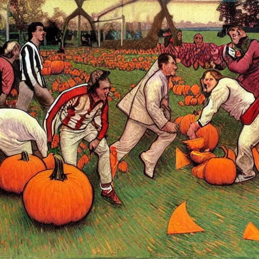 Image similar to painting of arkansas razorbacks playing football with pumpkins at the halloween! party, bubbling cauldron!, candles!, graveyard, gravestones, ghosts, smoke, autumn! colors, elegant, wearing suits!, clothes!, delicate facial features, art by alphonse mucha, vincent van gogh, egon schiele