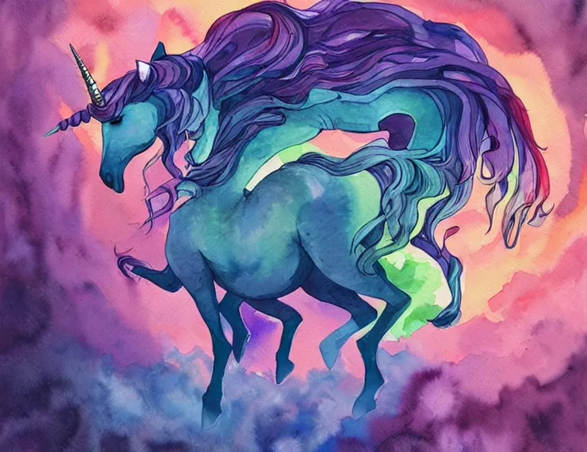 Prompt: amorphous lifeform taking over a unicorn's body. this watercolor painting by the award - winning comic artist has dramatic lighting, an interesting color scheme and intricate details.