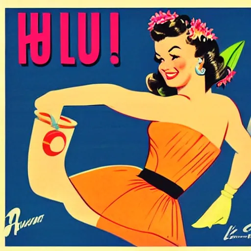 Image similar to hula girl. 1 9 5 0 s advertising illustration by gil evgren, flat color, halftone print.