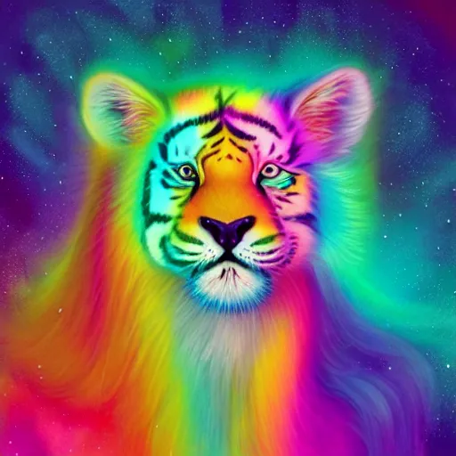 Image similar to Rainbow tiger roaring, silky pastel rainbow fur, chromatic aberration, cute, playful, harper's bazaar, pearlescent, featured on artstation, by Lisa Frank, by Moebius, by Kelly McKernan, by Charlie Bowater, by Laura rubin, 8k