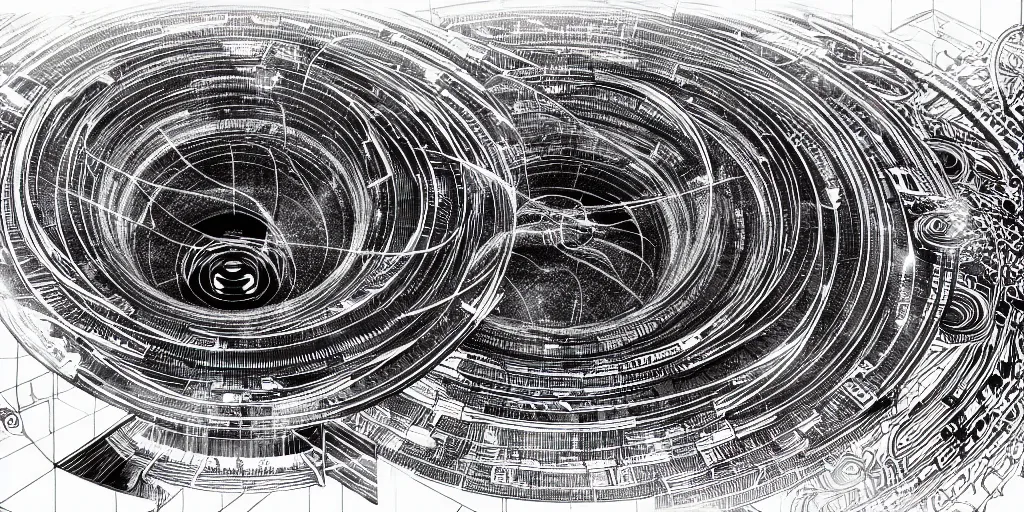 Prompt: a blueprint for a wormhole generator, intricate illustration, ultra detailed, technopunk, darksynth, intricate lines, detailed notes, sketch, 8 k, by tsutomu nihei