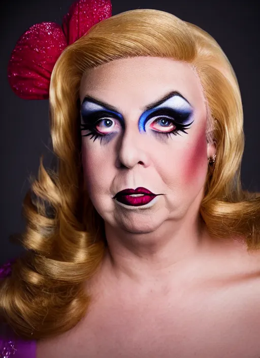 Image similar to studio portrait of lindsey graham in full drag dressed in drag dressed as a woman makeup, 8 k, studio lighting, key light, back light, sequents,