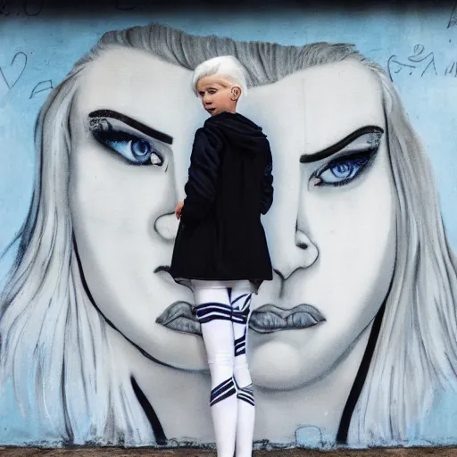 Image similar to platinum - blonde - haired hime - cut blue - eyed 1 9 - year - old nordic princess wearing white leggings and black jacket, adoring communist mural on wall, post - revolutionary era, toulouse france