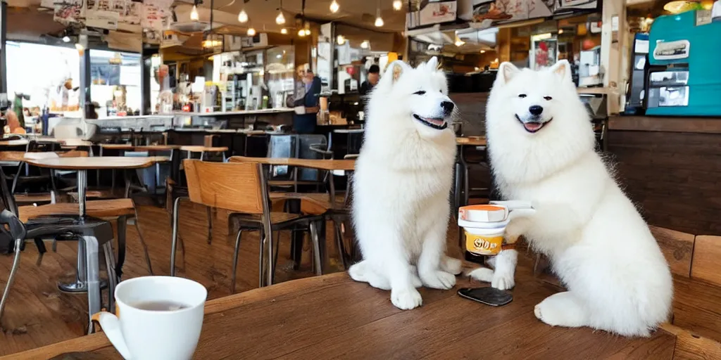 Prompt: a samoyed drinking coffee in the cafe, looks very enjoyable