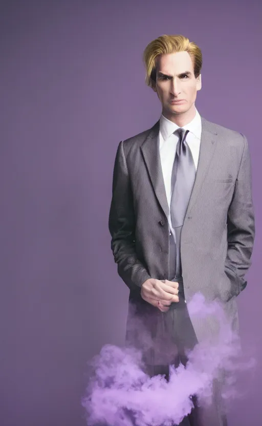 Prompt: a realistic photo of blond Patrick Bateman in purple jacket, Kira Yoshikage in real life, studio photography , dark grey background, softly backlit, gentle smoke effect, photo courtesy Museum of art