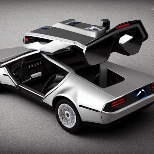 Image similar to a tesla delorean, highly detailed photo, concept car, highly detailed, intricate design, 8 k render