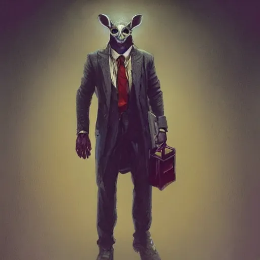 Image similar to “a humanoid ratman wearing a cheap salesman suit with lots of pockets, tons of pockets, D&D, fantasy, intricate, cinematic lighting, highly detailed, digital painting, artstation, concept art, smooth, sharp focus, illustration, art by Artgerm and Greg Rutkowski and Alphonse Mucha”