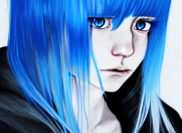 Image similar to full face shot of rimuru tempest, sky blue straight hair, long bangs, with amber eyes, wearing a black jacket, high collar, ultra detailed, concept art, award winning photography, digital painting, cinematic, wlop artstation, closeup, pixiv, evil, yoshitaka amano, andy warhol, ilya kuvshinov,