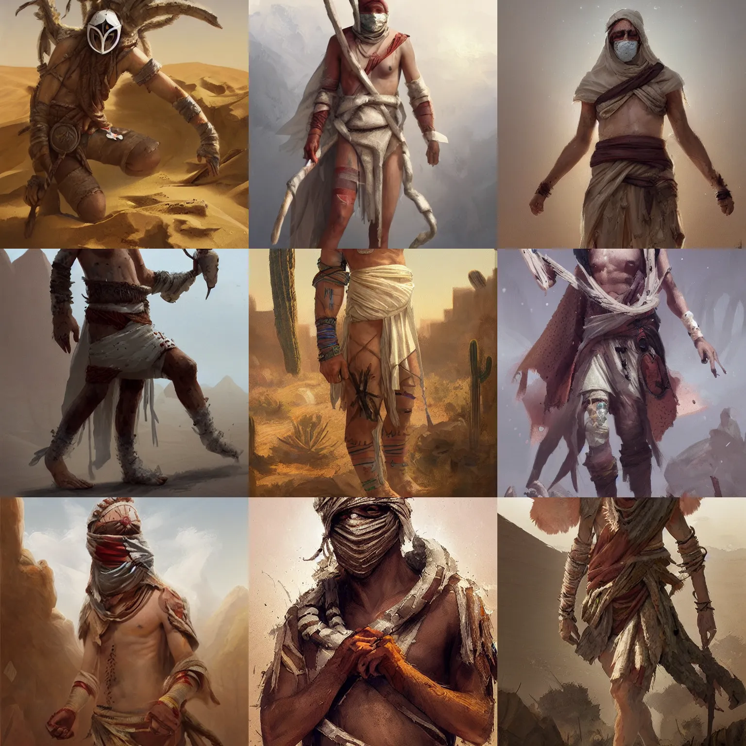 Image similar to a desert druid wearing bandages all over his body, full body, covered in bandages, masked, greg rutkowski