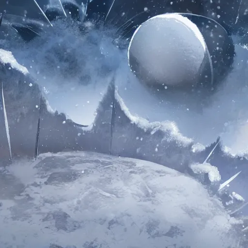 Prompt: concept art of a snow covered planet, snowstorm, ice, ice spikes, planet, space, concept art