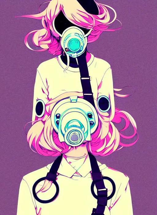 Image similar to singular girl with wearing gas mask, very anime!!! anime!! intricate details, aesthetically pleasing pastel colors, poster background, art by conrad roset and ilya kuvshinov