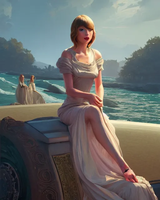 Image similar to portrait of taylor swift as an elegant renaissance goddess, in gta v, stephen bliss, unreal engine, by greg rutkowski, loish, rhads, makoto shinkai and lois van baarle, ilya kuvshinov, rossdraws, global illumination, radiant light, detailed and intricate environment